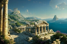 Ancient Greek Coastal Town With Sea View, White Cobblestone Road And A Colonnade Temple Overlooking The Sea And Mountains. Antique Greece In A Concept Art Historic Recreation Art. Cinematic Artwork.