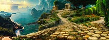 Wide Panoramic View Of Ancient Greek Coastal Town With Sea View, White Cobblestone Road Leading To A Colonnade Overgrown With Vegetation And Plants. Antique Greece Illustration Landscape.