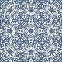 Sticker - Farmhouse blue snow flake pattern background. Frosty batik damask french effect seamless backdrop. Festive cold holiday season wall paper tile. 