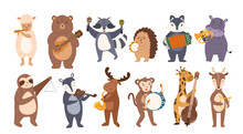 Set Of Animals Play Music. Cute Sheep, Bear, Raccoon And Hedgehog, Badger, Hippopotamus, Sloth And Deer Illustration