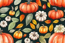 Watercolor Fall Themed Seamless Pattern With Red Buffalo Plaid Truck And Pumpkins. Hand Painted Autumn Print. Vintage Cartoon Car And Fall Seasonal Vegetables And Leaves.