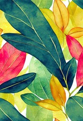 Poster - Seamless pattern with watercolor blots and tropical leaves. 2d illustrated.