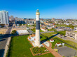 Absecon Lighthouse aerial view at the mouth of Absecon Inlet in the north end of Atlantic City, New Jersey NJ, USA. The light house was built in 1856 and is the tallest Lighthouse in New Jersey. 