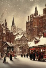 Historical London Christmas Cityscape Victorian Antique Vintage Era