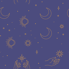 Wall Mural - Seamless pattern with constellations. Sun, moon, magic hands and stars. Mystical esoteric background for design. Astrology magical vector.