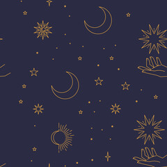 Wall Mural - Seamless pattern with constellations. Sun, moon, magic hands and stars. Mystical esoteric background for design. Astrology magical vector.