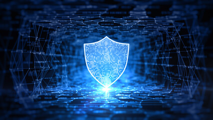 Poster - Shield icon technology big data network with polygons abstract background, 3d rendering