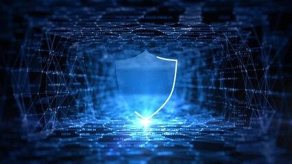Poster - Shield icon technology big data network with polygons abstract background, 3d rendering animation 4k