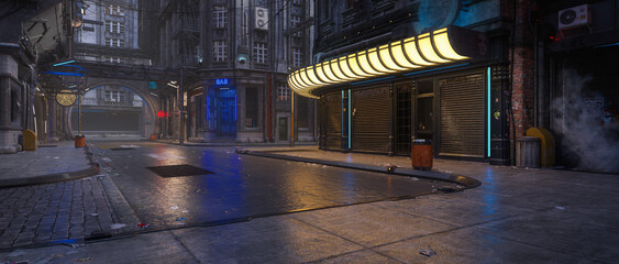 Aufkleber - Wide cinematic view of a dark downtown street in a dystopian future cyberpunk city on a wet night. 3D illustration.