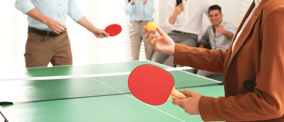 Poster - Business people playing ping pong in office, closeup. Banner design