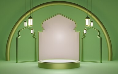 Wall Mural - 3D rendering of the podium decorated with mosque doors, gifts and lanterns. Suitable for product promotion podiums during Ramadan Sale and Islamic religious events.
