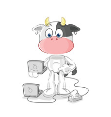 Wall Mural - cow with laptop mascot. cartoon vector