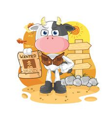 Poster - cow cowboy with wanted paper. cartoon mascot vector