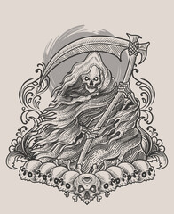 Wall Mural - Illustration scary grim reaper with vintage engraving style