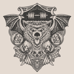 illustration baddas wolf head with skull with engraving ornament