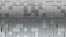 Silver, Square Mosaic Tiles Arranged In The Shape Of A Wall. 3D, Luxurious, Blocks Stacked To Create A Glossy Block Background. 3D Render