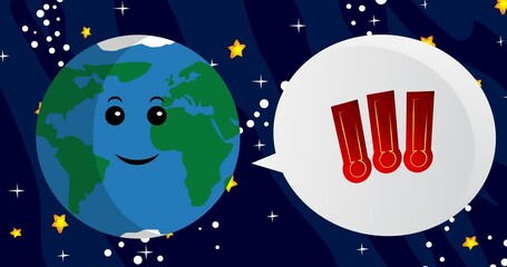 Poster - Planet Earth Saying Exclamation mark, Social media notification sign with speech bubble. Cartoon animation. Space, cosmos on the background.