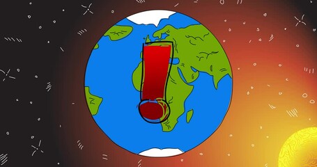 Poster - Planet Earth with Exclamation mark, Social media notification sign. Line Art Animation. Cartoon animated space, cosmos on the background.