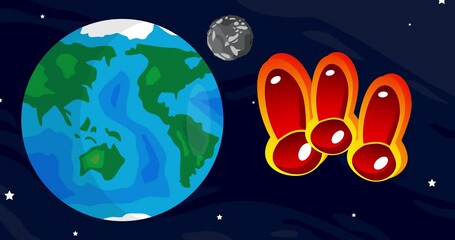 Poster - Moving Planet Earth and Moon with Exclamation mark, Social media notification sign. Cartoon animated space, cosmos on the background.