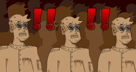 Poster - Robot Army with Exclamation mark, Social media notification sign. Line Art Animated video. Future Robotics Cartoon Animation.