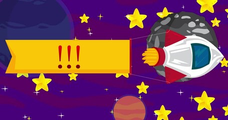 Poster - Rocket with Exclamation mark, Social media notification sign Banner in Space. Cartoon Animation.