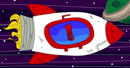Poster - Rocket in Space with Exclamation mark, Social media notification sign on the window. Line Art Cartoon Animation.