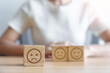 unhappy angry face from Emotion block. customer review, bad experience, negative feedback, satisfaction, survey, rating service, assessment, mood, world mental health day concept