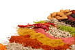 Composition of various spices on white background