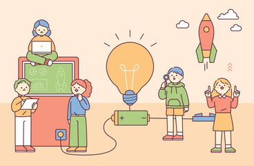 Poster - Children are connecting batteries, machines and light bulbs and doing science experiments. outline simple vector illustration.