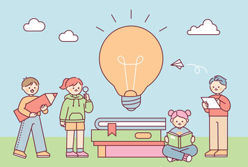 Poster - books are stacked and a large light bulb is lit. children are studying nearby. outline simple vector