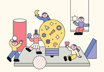 Fototapete - A space composed of cute children's characters and various shapes and a large light bulb. outline simple vector illustration.