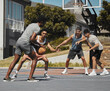 © Talia M/peopleimages.com - Basketball, fitness and men in sports game for exercise, workout or training on the court in the outdoors. Active athletic players in sport match playing ball together for healthy fun cardio outside