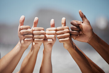 Sticker - Thumbs up, friends and sport people hands in support of fitness, exercise and healthy lifestyle closeup outdoor. Sports, hand and success by group workout, cardio and wellness, training and activity