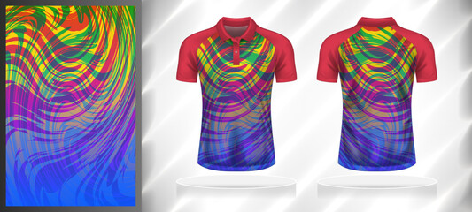 Vector sport pattern design template for Polo T-shirt front and back view mockup. Pink-blue-yellow-green-purple color gradient abstract curve line texture background illustration.