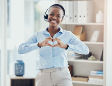 Hand, Heart And Call Center Consultant In Office Showing Love, Trust And Hope While Working In Crm Management. Black Woman, Hands And Thank You While Consulting For Customer Service With Excellence