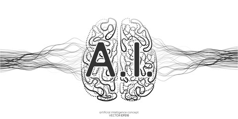 Poster - Vector illustration left right human brain black line and neural network wavy line isolated on white background in concept of A.I. artificial intelligence technology, machine learning, neuroscience