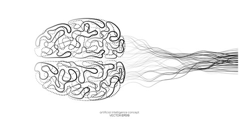 Aufkleber - Vector illustration left right human brain black line and neural network wavy line isolated on white background in concept of A.I. artificial intelligence technology, machine learning, neuroscience