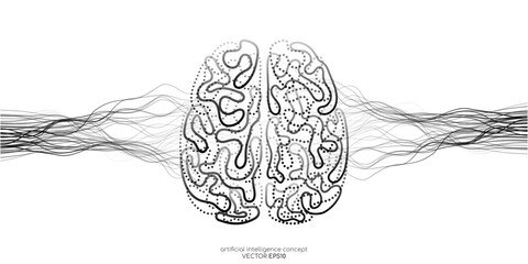 Aufkleber - Vector illustration left right human brain black line and neural network wavy line isolated on white background in concept of A.I. artificial intelligence technology, machine learning, neuroscience