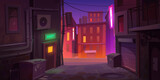 Fototapeta Fototapeta uliczki - Dark dirty corner at night city with back exit door, litter bins on narrow street with old buildings and view on colorful light road, town landscape Cartoon vector illustration