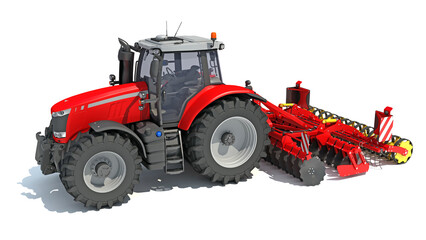 Wall Mural - Tractor with Seed Drill farm equipment disc harrow 3D rendering on white background