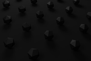 Poster - Polygons with glittering triangle faces, abstract business illustration, black and white dark background, 3D rendering