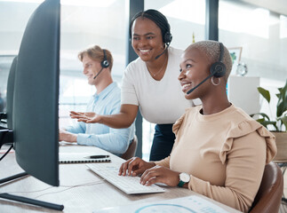 Poster - Black woman, call center training and manager with employee smile working for online customer support or telemarketing company. Crm consultant, office desk and staff help with contact us internet faq
