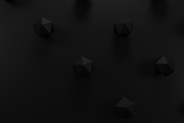Poster - Polygons with glittering triangle faces, abstract business illustration, black and white dark background, 3D rendering