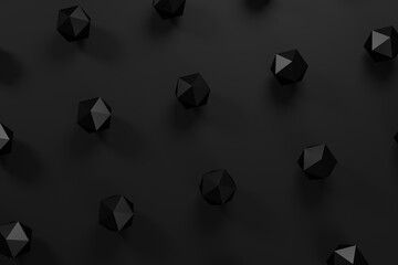 Poster - Polygons with glittering triangle faces, abstract business illustration, black and white dark background, 3D rendering