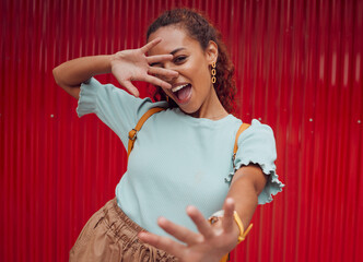 Sticker - Fashion, travel and happy black woman model feeling happy and playful with style. Portrait of a person from New York with happiness and fun expression feeling young with a smile and hand gesture