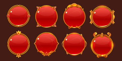 Poster - Red game buttons, achievement badges with golden frames. Vector cartoon set of round icons with gold border in medieval style, circle award labels isolated on background