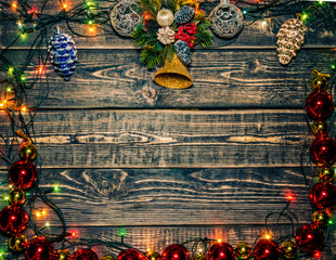 Wall Mural - Christmas wooden background with toys.