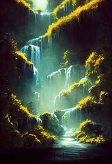Wall Mural - beautiful waterfall in fariytale, illustration of natural lush vegetation. masterpiece art backgroun