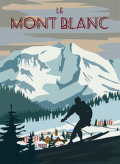 Wall Mural - Mont Blanc ski resort poster, retro. Alps Winter travel card