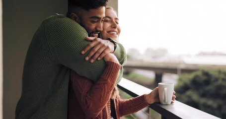 Canvas Print - Love, diversity and surprise hug from couple relax on London apartment balcony for peace, bonding and quality time. Happiness, smile and happy romantic man and woman enjoy outdoor view together